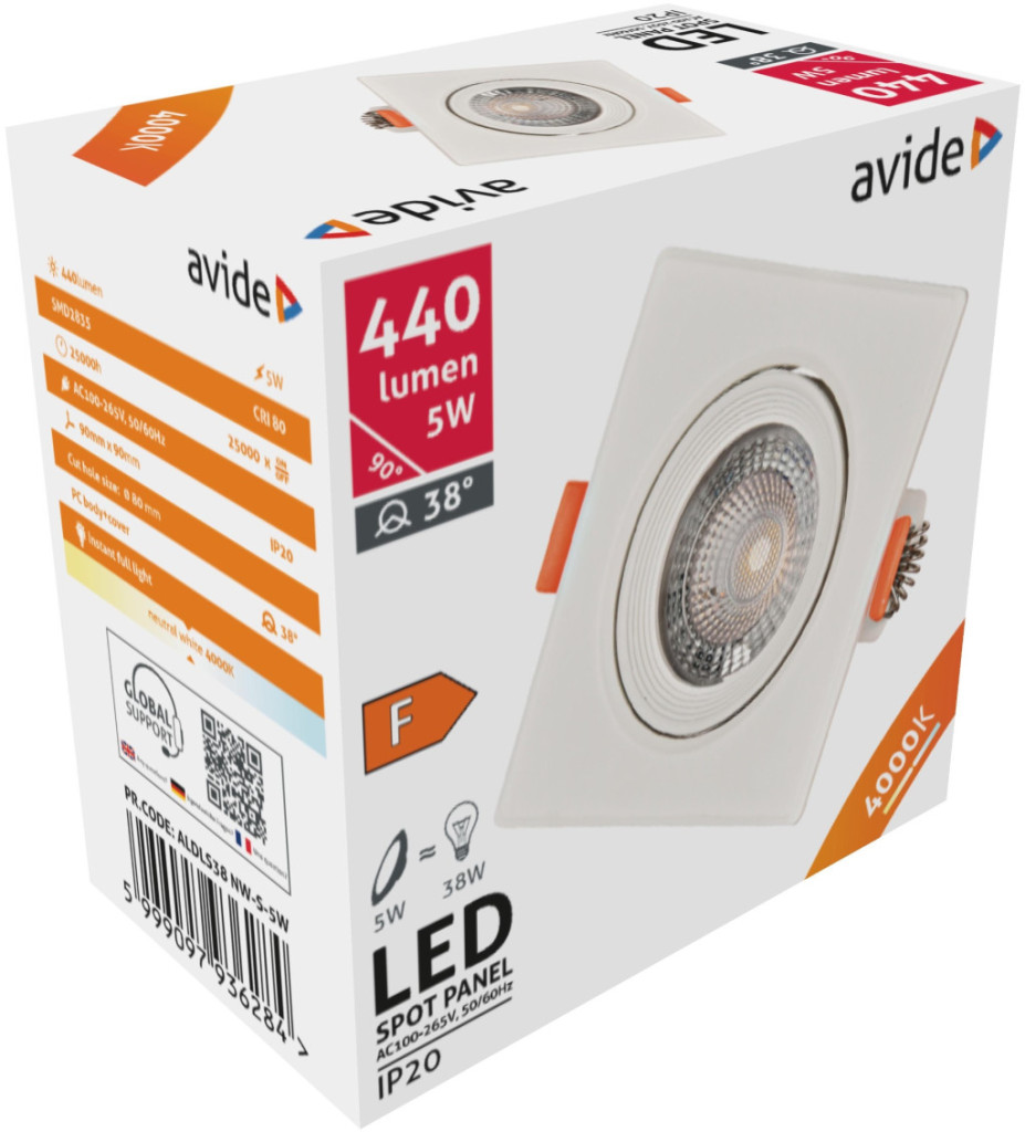 Avide LED panel Beépíthető 38° Négyzetes 5W NW 4000K - Temi