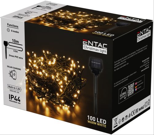 Entac Karácsonyi IP44 100 LED Füzér CW 10m Leszúrható Napelemes Konzollal