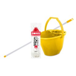  Bonus Felmosó szett-vödör SÁRGA 11L  csavaró kosár, felmosó nyél 120cm CottonMop 190gr