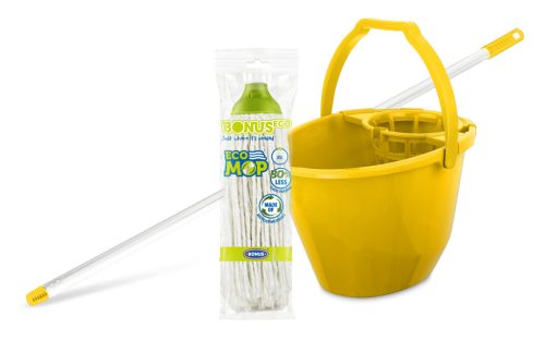 Bonus Felmosó szett-vödör SÁRGA 11L  csavaró kosár, felmosó nyél 120cm CottonMop 190gr
